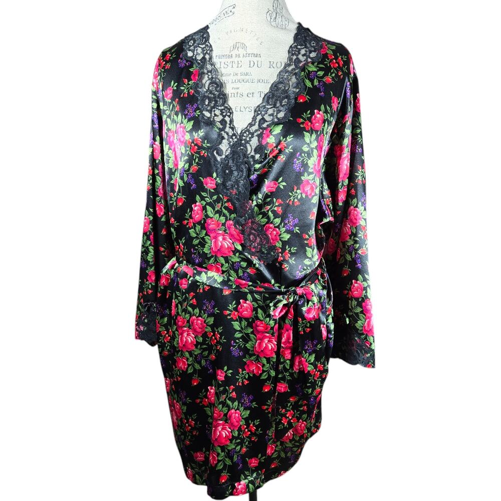 Cacique‎ Lingerie Robe Womens Medium Black Floral Satin Lace Bows Romance Belted